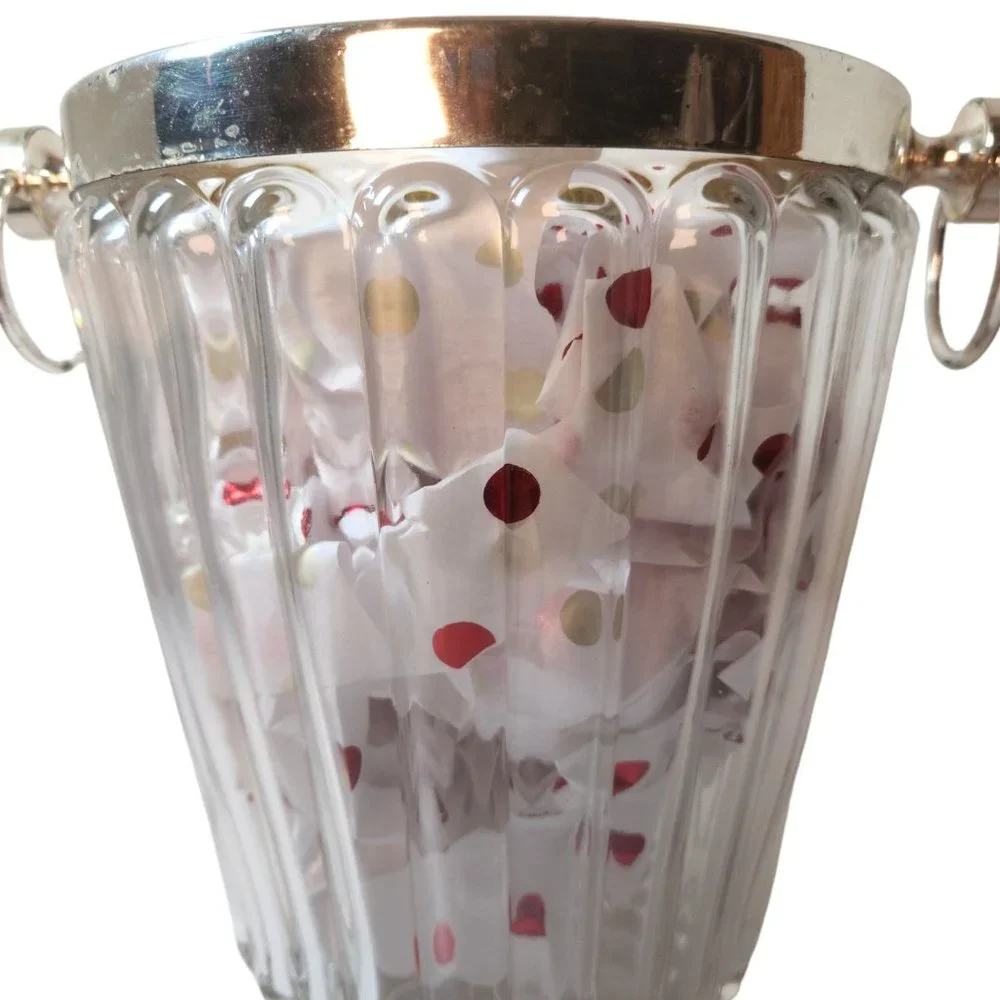 MCM Crystal Ice Bucket Ribbed Glass Silverplate Rim Ring Handles Champagne